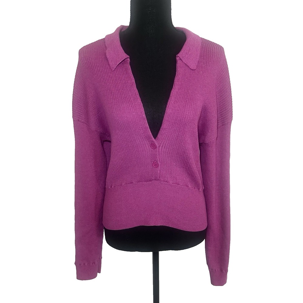 Monrow Women's LARGE Magenta Ribbed Crop V Neck Long Sleeve Knit Sweater